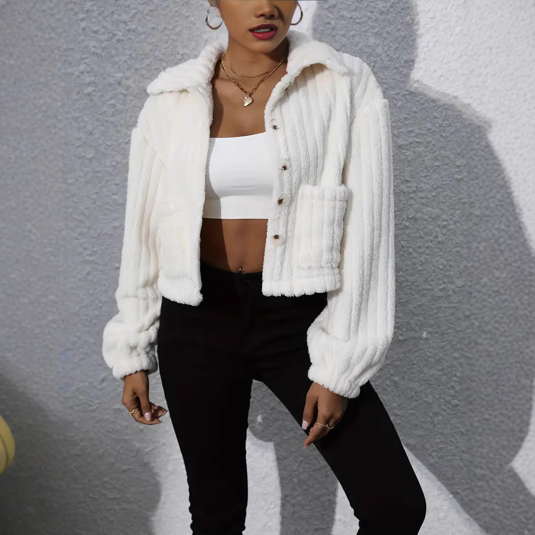Damen Fluffy Overshirt im Couture-Stil mit Taschen R&B