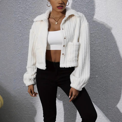 Damen Fluffy Overshirt im Couture-Stil mit Taschen R&B