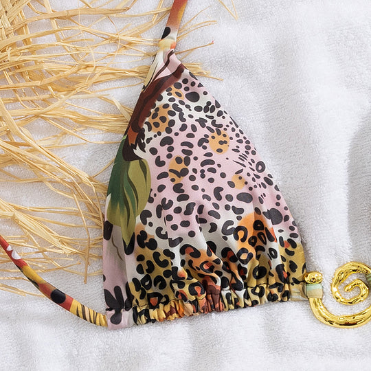 Damen Triangel-Bikini mit eleganten Gold-Details und farbenfrohem Blumendruck R&B