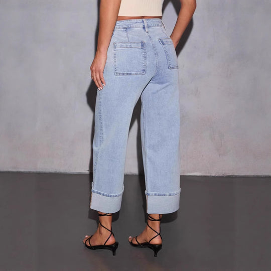 Damen Weit geschnittene Jeans mit Taschen und modischem Saum R&B