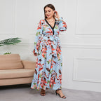 Damen Maxi-Kleid mit elegantem Floral-Design und tiefem V-Ausschnitt R&B