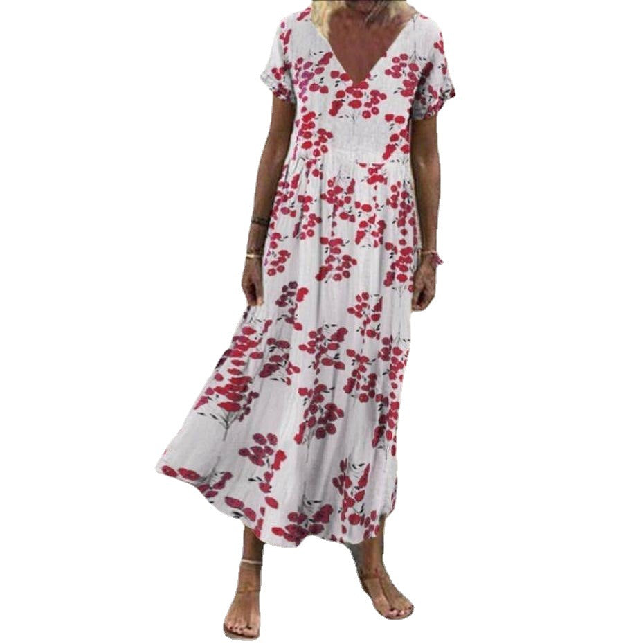 Damen nan V-Ausschnitt-Maxikleid mit feinem Faltenrock, Empire-Passe und Kurzarm R&B