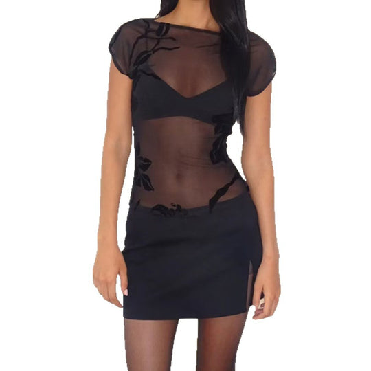 Damen Verspieltes Minikleid mit transparentem Oberteil und floralen Akzenten R&B