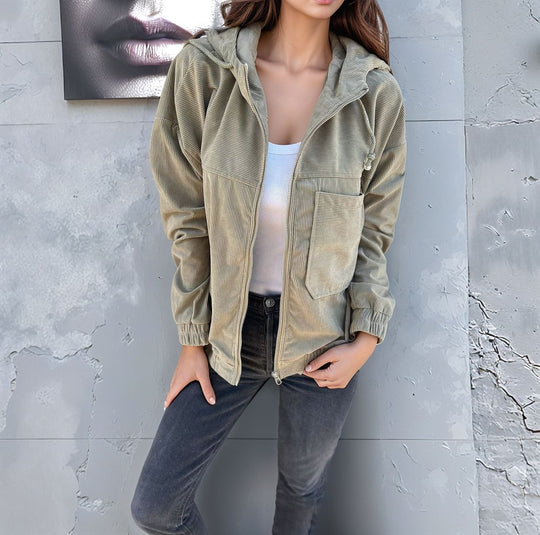 Damen modische Baumwolljacke mit Reißverschluss und praktischen Taschen R&B
