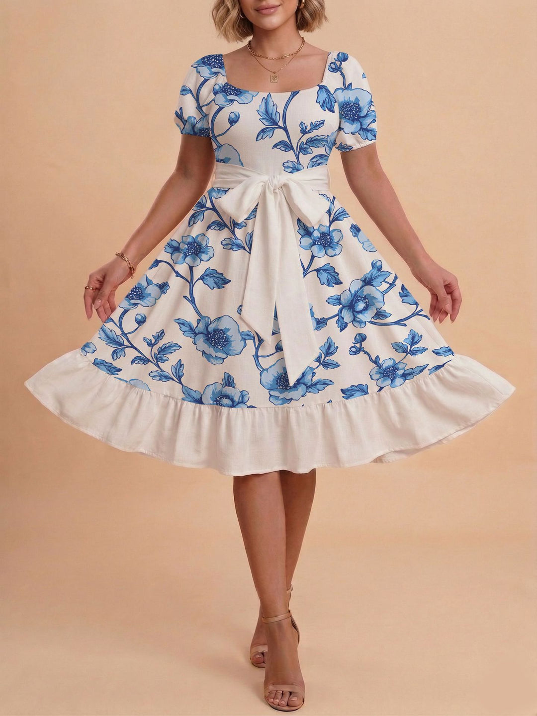 Damen Retro Maxikleid mit Puffärmeln und Taillengürtel R&B