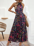 Damen Maxikleid Im Boho-Stil mit Hohem Kragen und Bindegürtel R&B