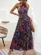 Damen Maxikleid Im Boho-Stil mit Hohem Kragen und Bindegürtel R&B