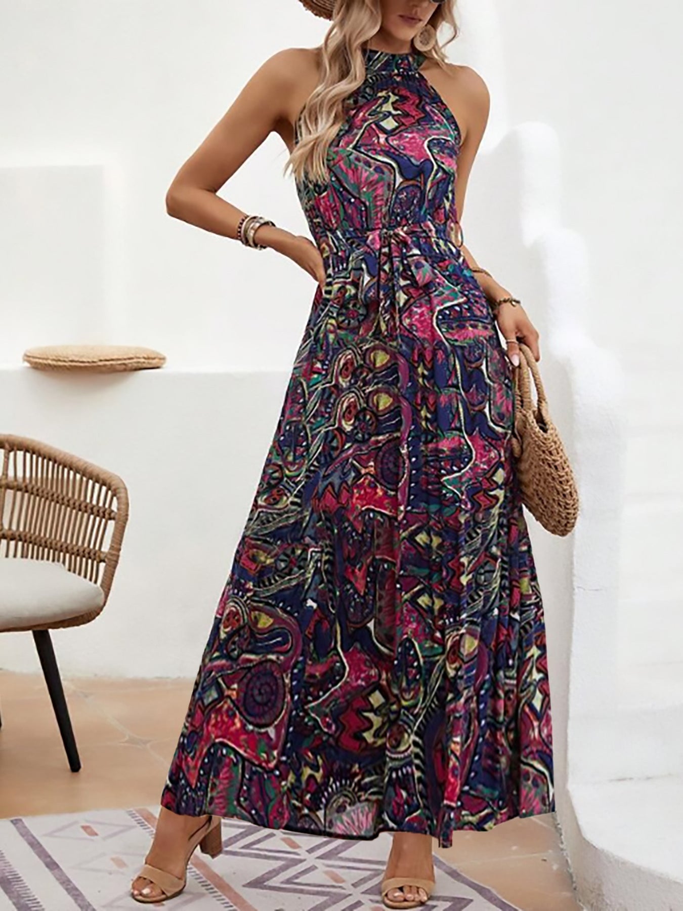Damen Maxikleid Im Boho-Stil mit Hohem Kragen und Bindegürtel R&B