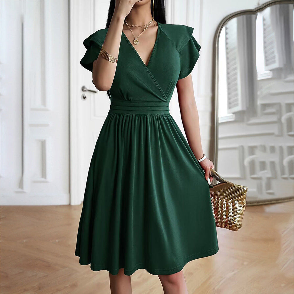 R&B | V-Ausschnitt Einfarbig Kurzarmkleid Für Frauen