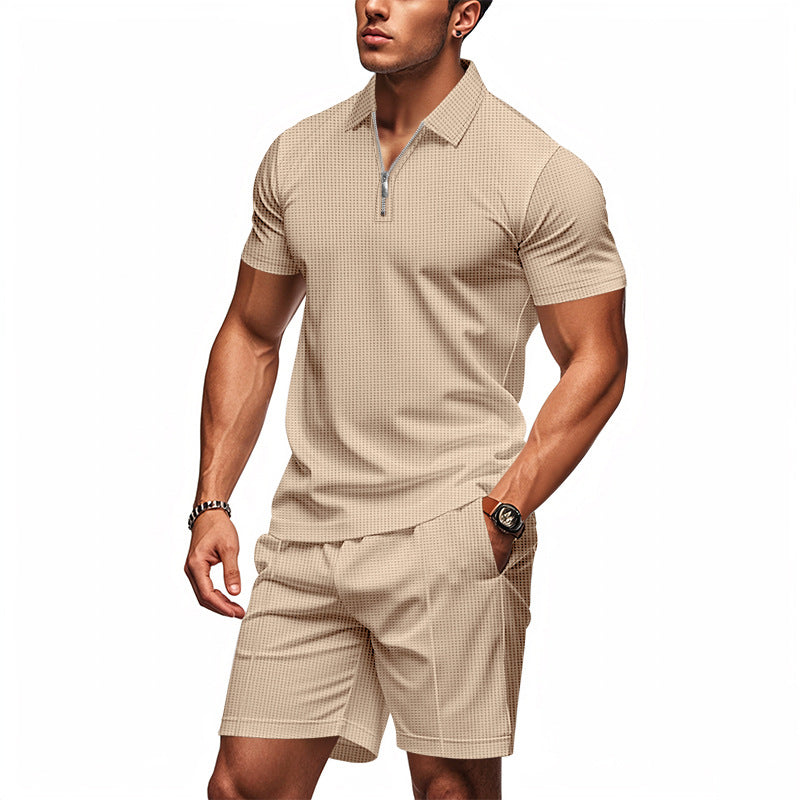 Herren Sportliches Kurzarm-Set mit teils strukturiertem Design und durchgehendem Reißverschluss R&B