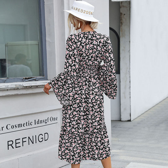 Damen Maxi-Kleid mit voluminösen Ärmeln und floralem Taillenbund R&B