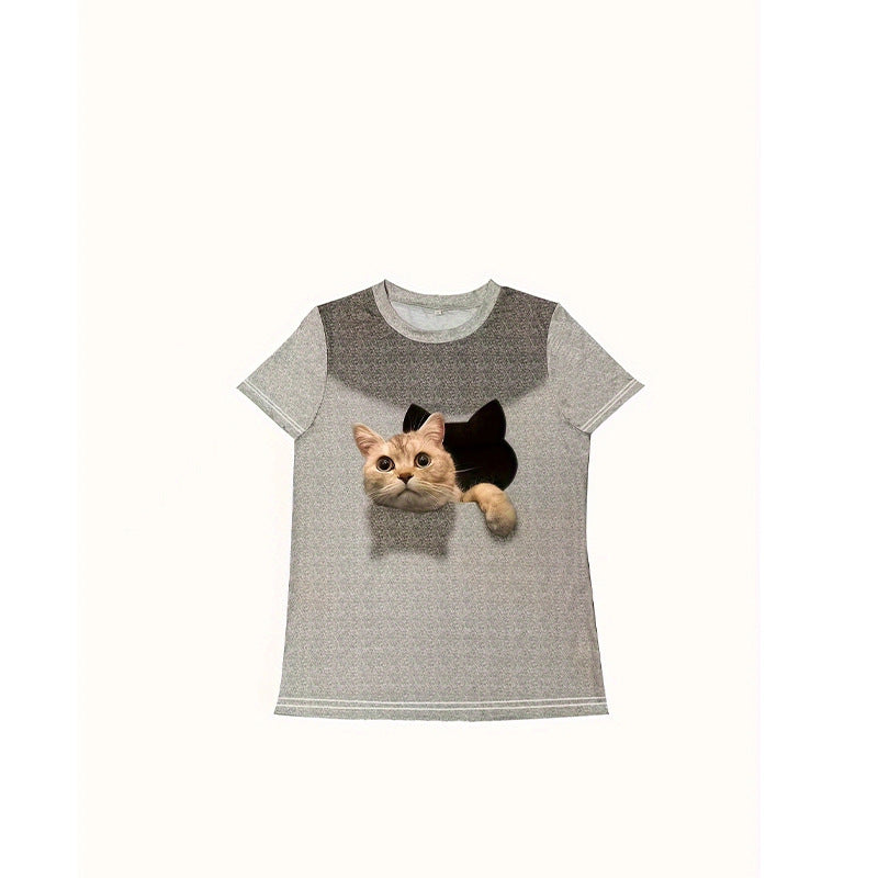 Damen T-Shirt mit 3D-Katzenmotiv und kreativem Rissdesign R&B