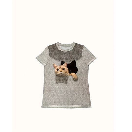 Damen T-Shirt mit 3D-Katzenmotiv und kreativem Rissdesign R&B