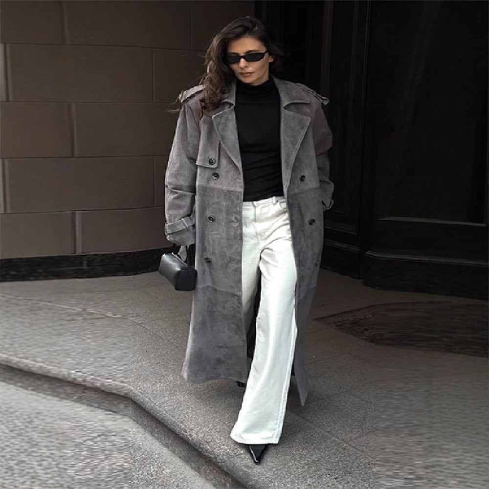 Damen Edler Suede-Trenchcoat mit breitem Kragen und praktischen Taschen R&B