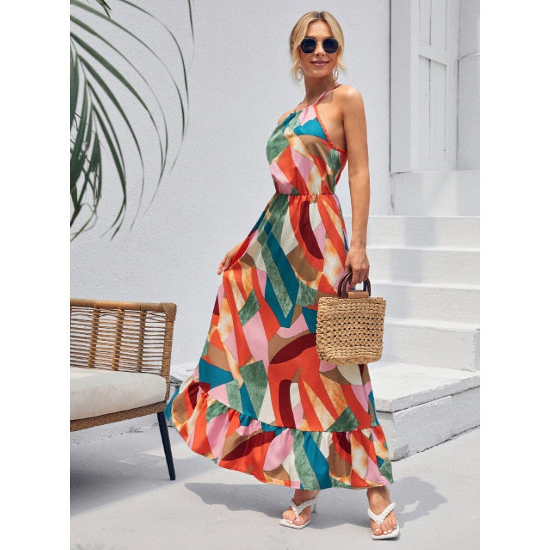 Damen Langes Maxikleid mit auffälligem geometrischem Muster und anpassbarem Träger R&B