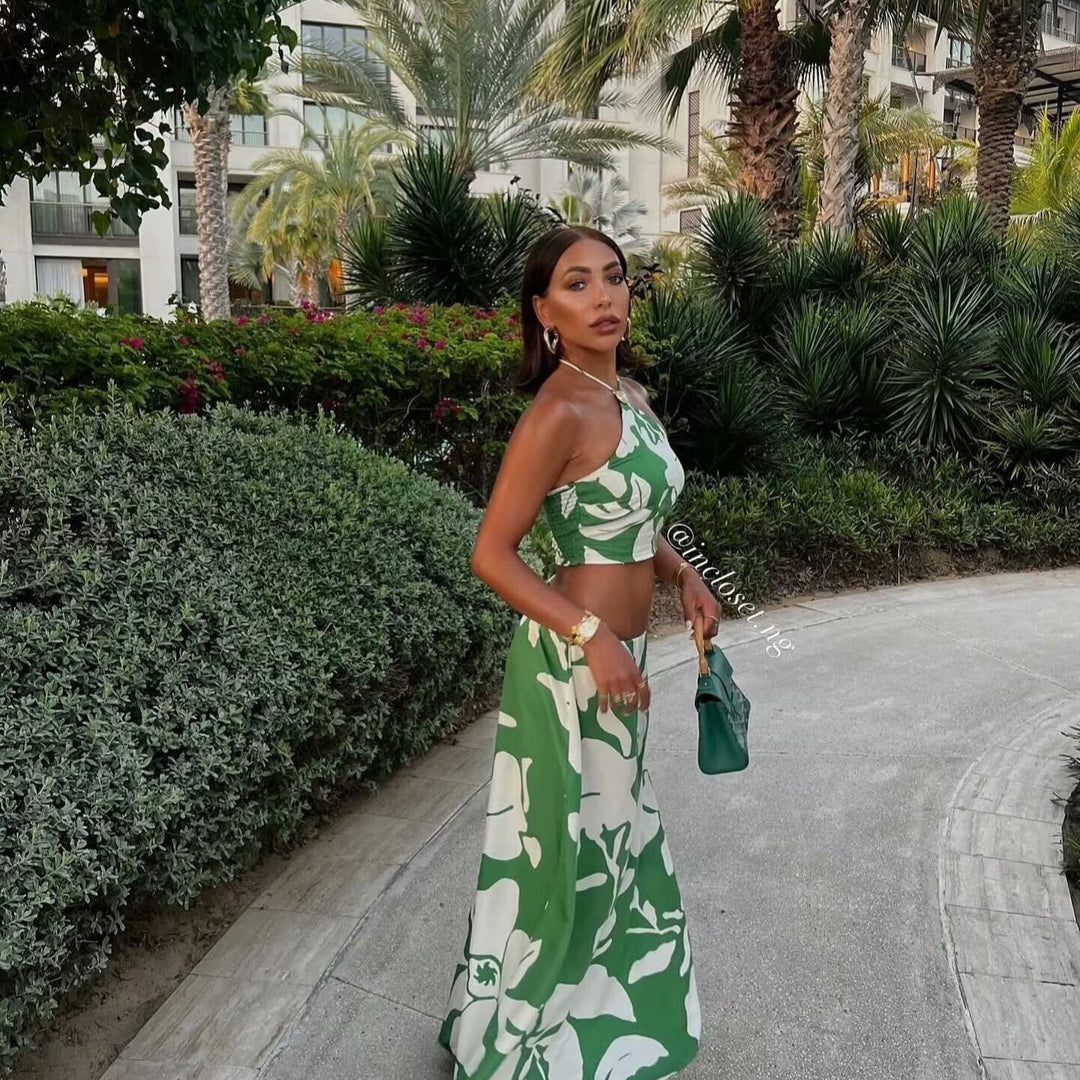Damen Set aus Crop-Top und Maxiröcken mit floralem Design R&B