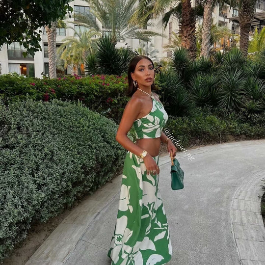 Damen Set aus Crop-Top und Maxiröcken mit floralem Design R&B