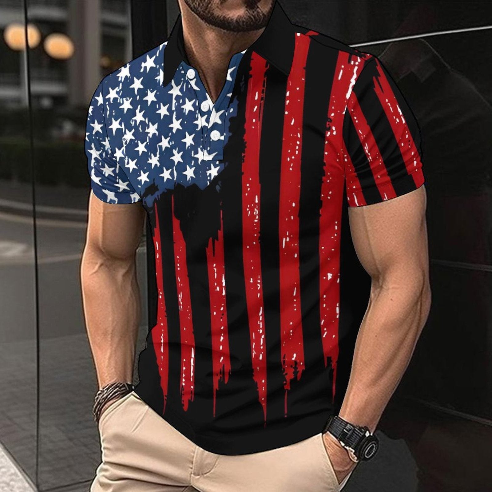 Herren Kurzarm-Polohemd mit kreativem Flaggenmotiv R&B