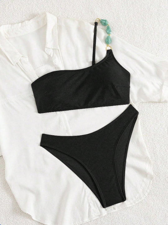 Damen One-Shoulder-Bikini-Set mit modischem Schmuckdetail R&B