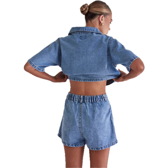 Damen Denim-Kurzjacke mit passendem Rock im lässigen Stil R&B