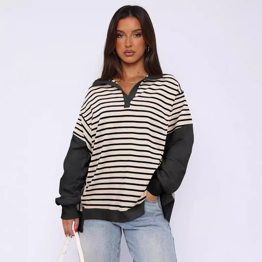 Damen Modischer Pullover mit gestreiftem Design und Kontrastdetails R&B