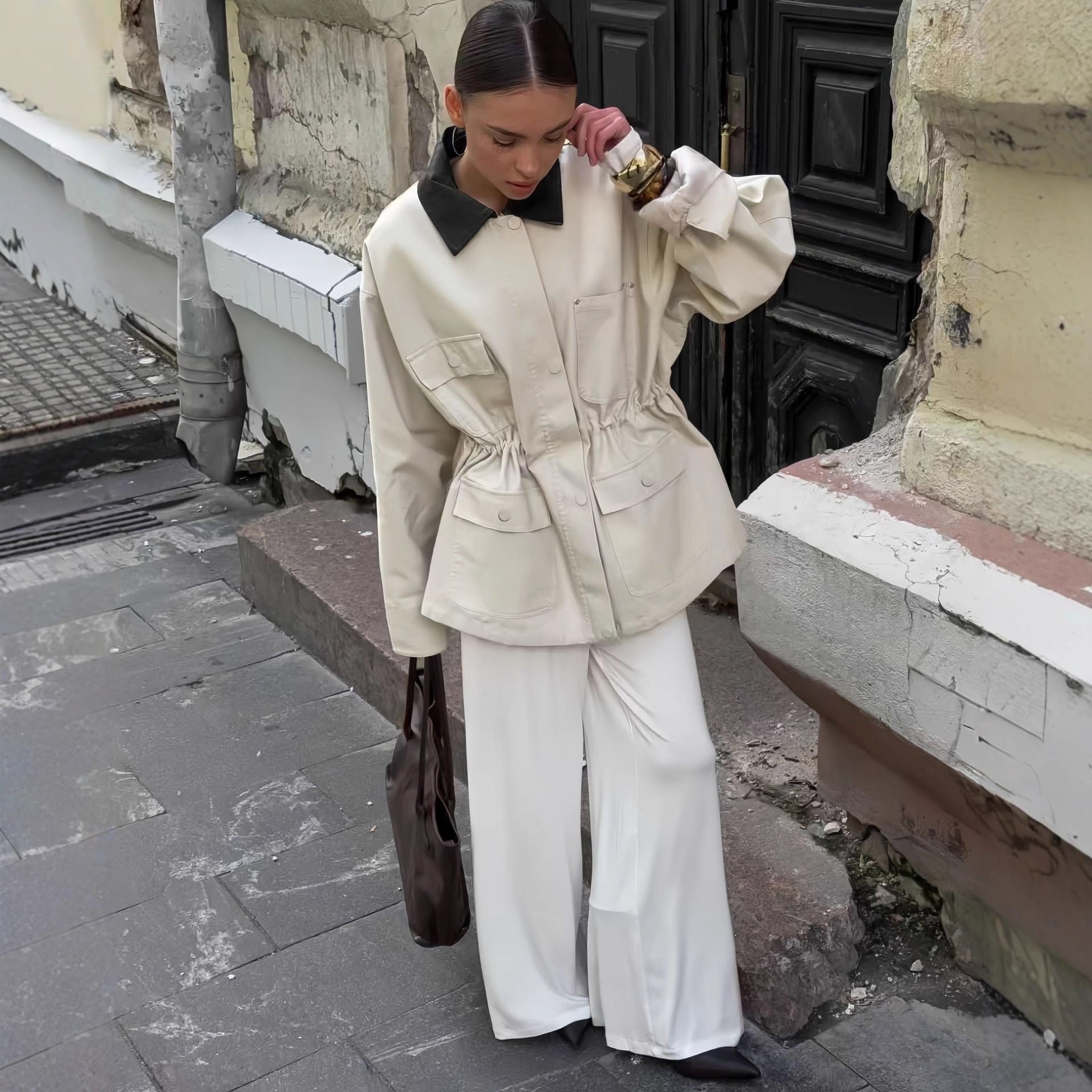 Damen Modische Oversized-Jacke mit elegantem Kragen und praktischen Taschen R&B