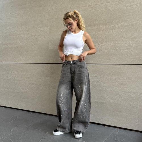 Damen Weite High-Waist Jeans mit kreativen Farbklecksen R&B