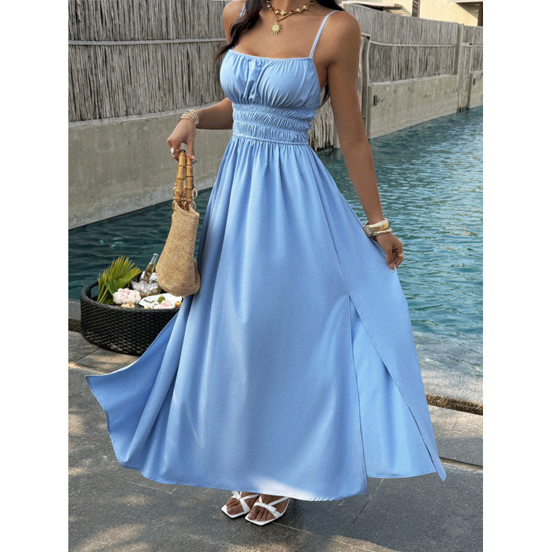 Damen Elegantes Maxikleid mit verstellbaren Spaghettiträgern und seitlichem Schlitz R&B