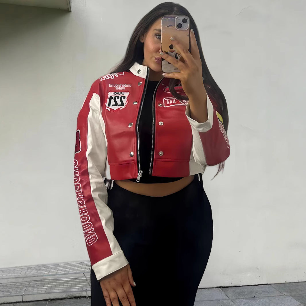 Damen trendige cropped Bikerjacke mit sportlichen Patches R&B