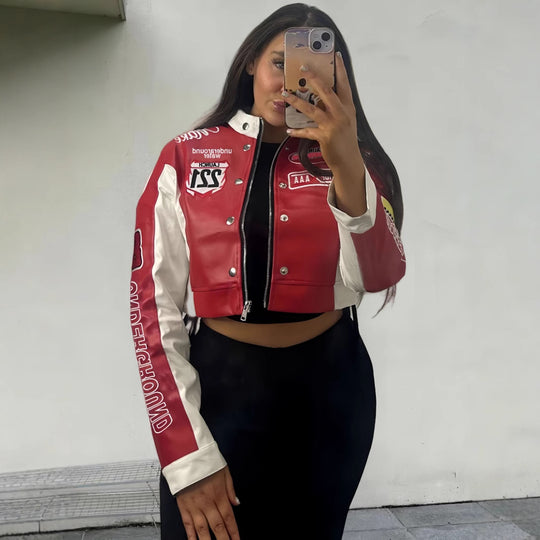 Damen trendige cropped Bikerjacke mit sportlichen Patches R&B