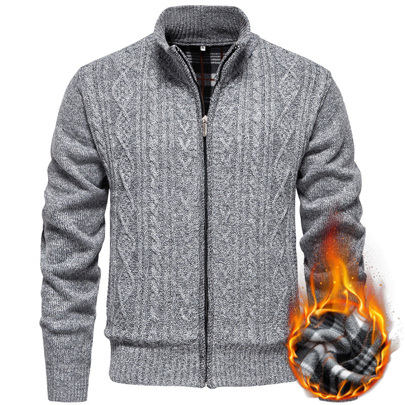 Herren nan grobgestrickter Cardigan mit Zopfmuster, Stehkragen und kariertem Innenfutter R&B