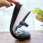 Damen Ballerinas mit handbesticktem Blumendesign und elastischem Riemen
