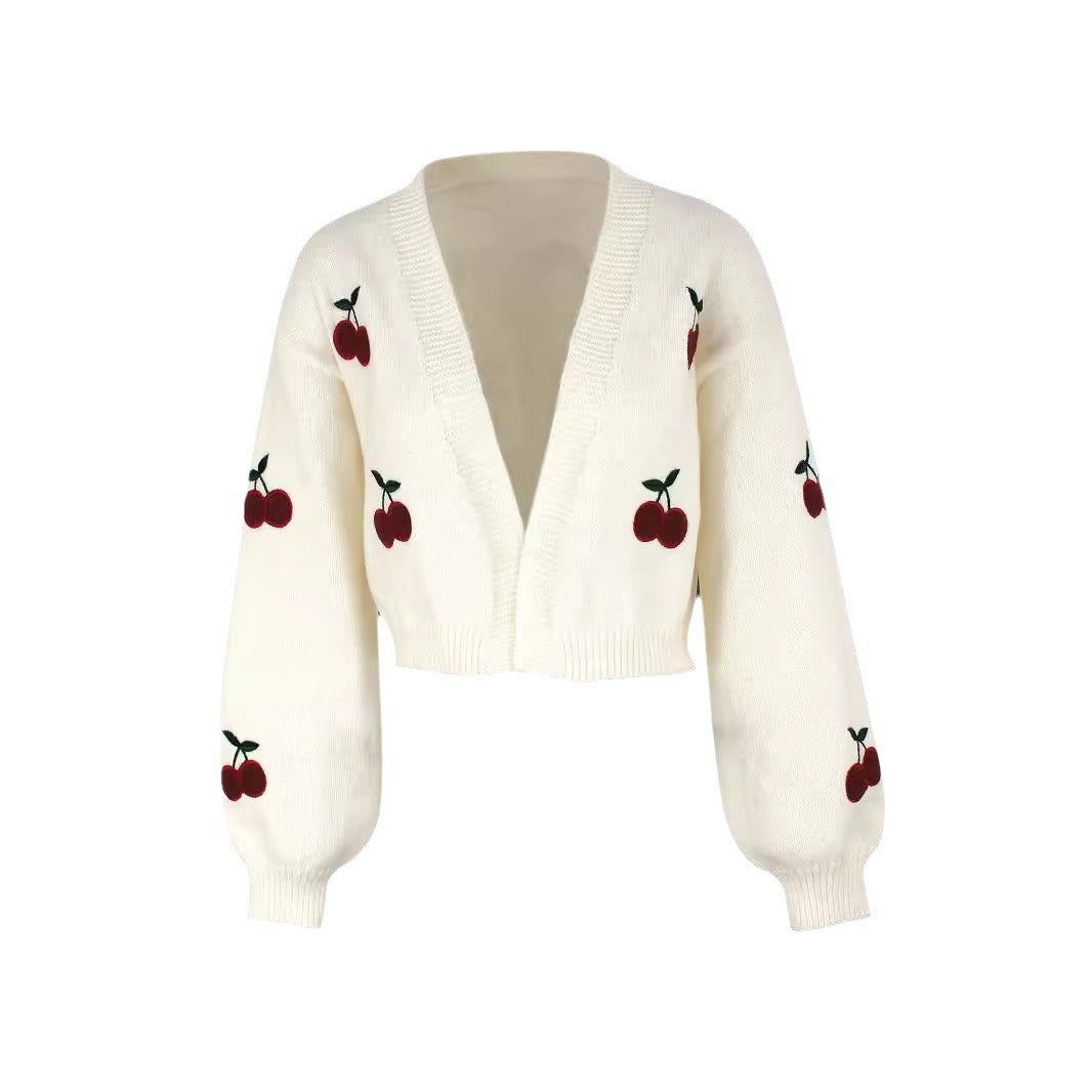 Damen Kurze Strickjacke mit fruchtiger Stickerei R&B