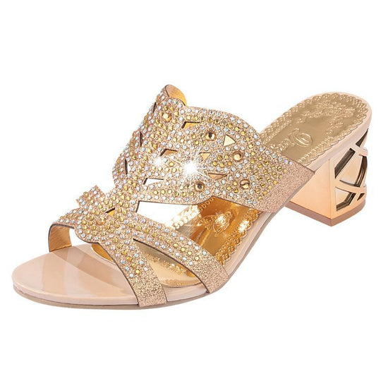 Damen nan verzierte Sandalette mit mittelhohem Blockabsatz und funkelndem Strassbesatz R&B
