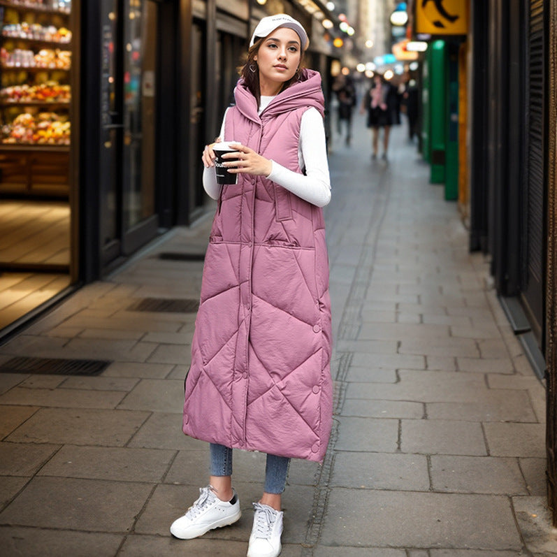 Damen gesteppte lange Weste mit isolierender Kapuze und praktischen Taschen R&B
