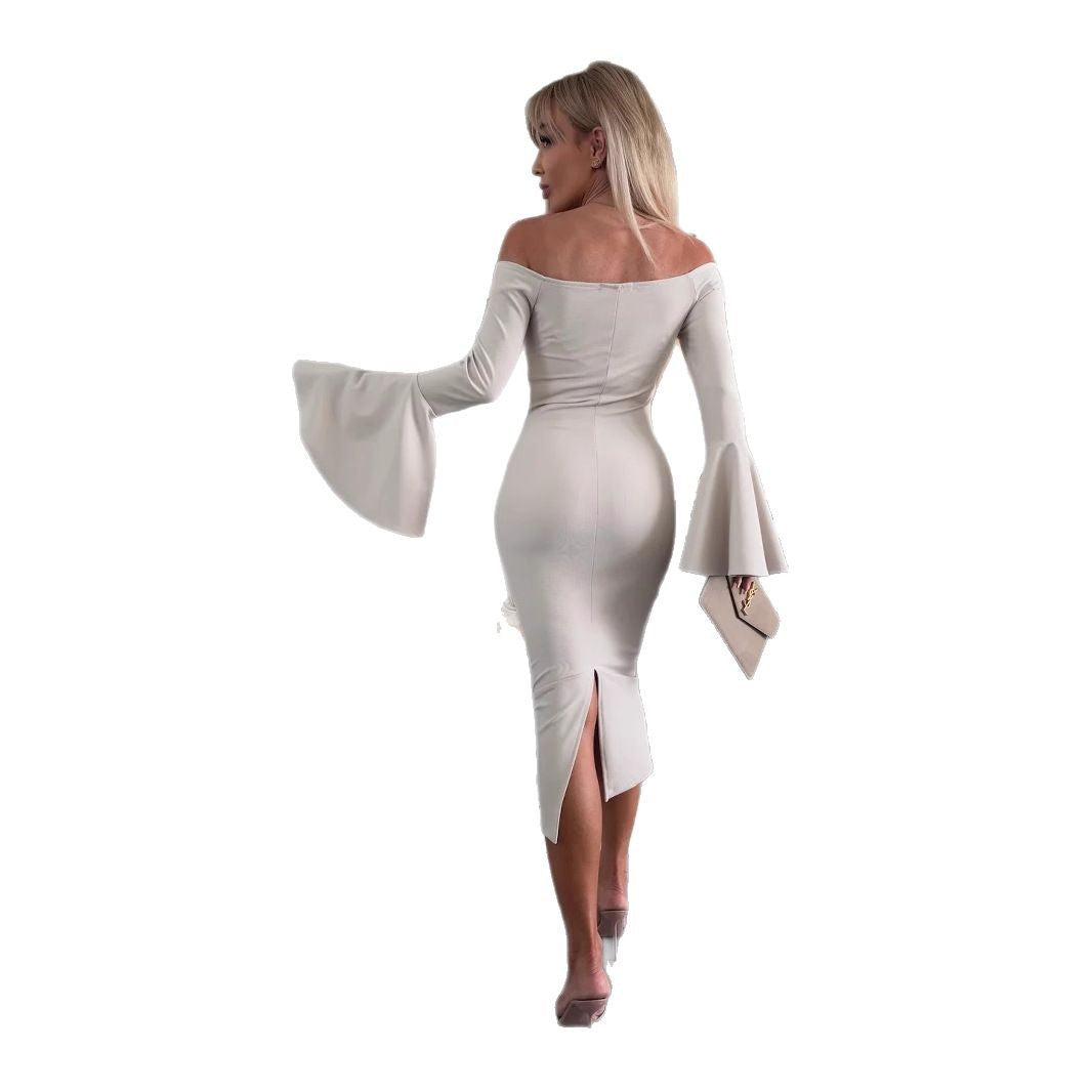Damen Wickelkleid mit schulterfreiem Design und eleganten Trompetenärmeln R&B