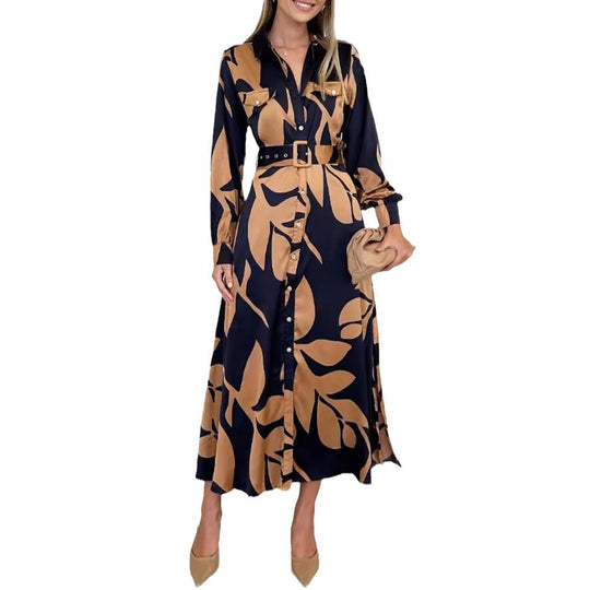 Damen nan fließendes Hemdblusenkleid mit Taillengürtel, Brustklappen und abstraktem Print R&B