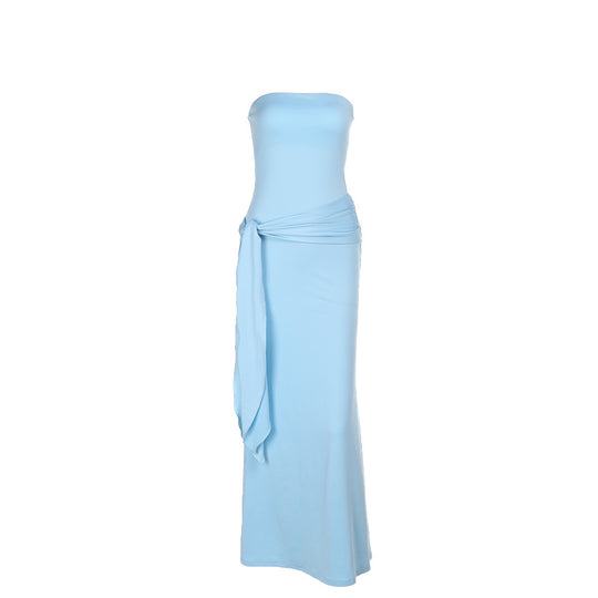 Damen elegantes Maxikleid mit schulterfreiem Design und drapierter Taille R&B