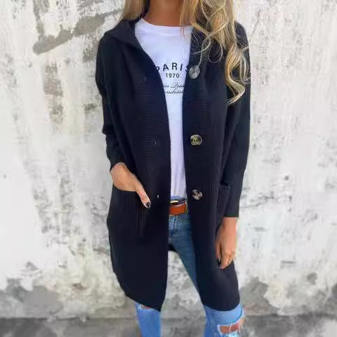 Damen Lange Strickjacke mit hochwertiger Rippstruktur und eleganten Knöpfen R&B