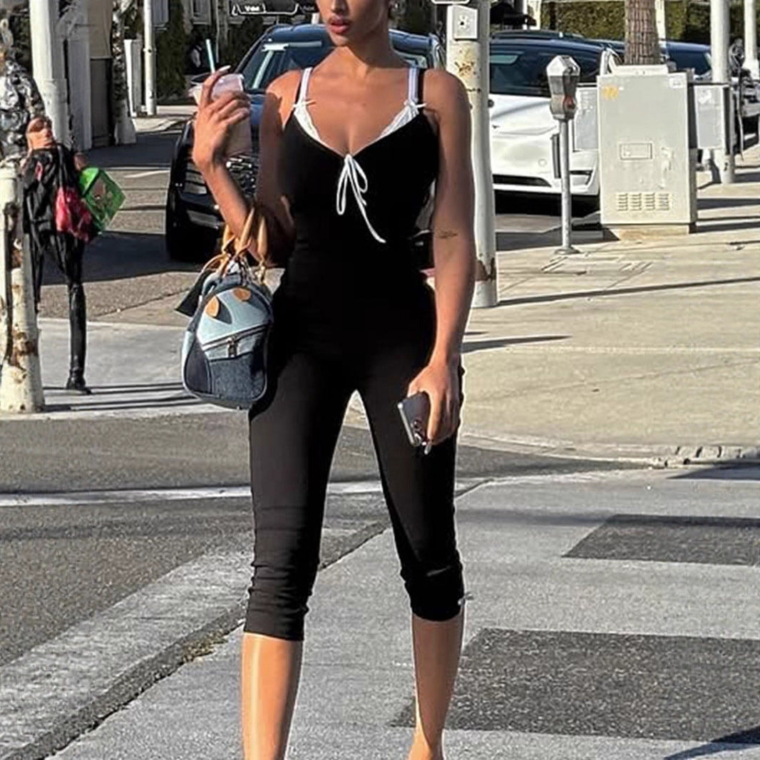 Damen bodenlanger Jumpsuit mit zarten Rüschendetails und verstellbaren Trägern EB