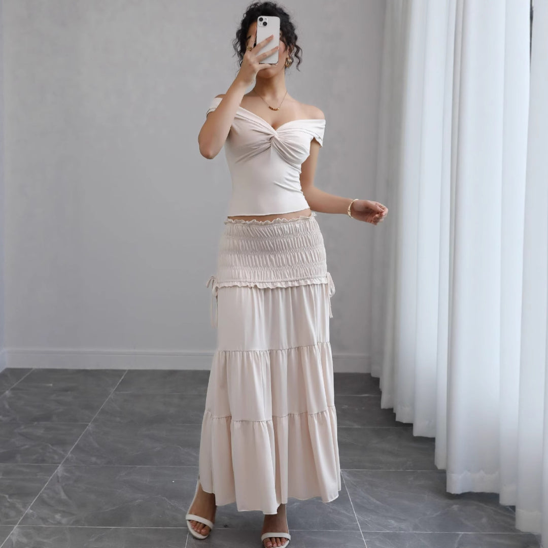 Damen Off-Shoulder Maxikleid mit gerafftem Rock und romantischem Design R&B