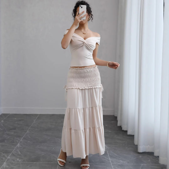 Damen Off-Shoulder Maxikleid mit gerafftem Rock und romantischem Design R&B