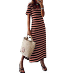 Damen Maxikleid mit tiefem Seitenschlitz und modischem Streifenmuster R&B