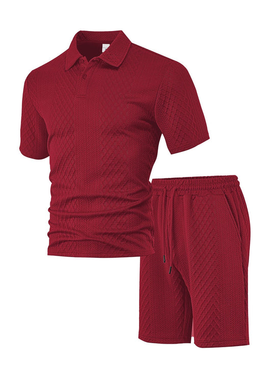 Herren nan geprägtes Waffel-Polo mit Kentkragen und elastischer Tunnelzugshorts im Set R&B