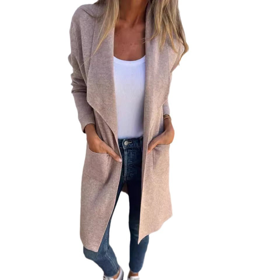 Damen Langer Strickcardigan mit offenen Kanten und Taschen R&B