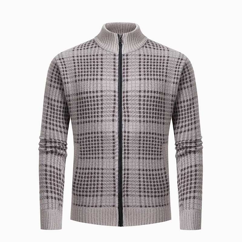Herren modische Strickjacke mit modernem Karomuster und hohem Kragen R&B