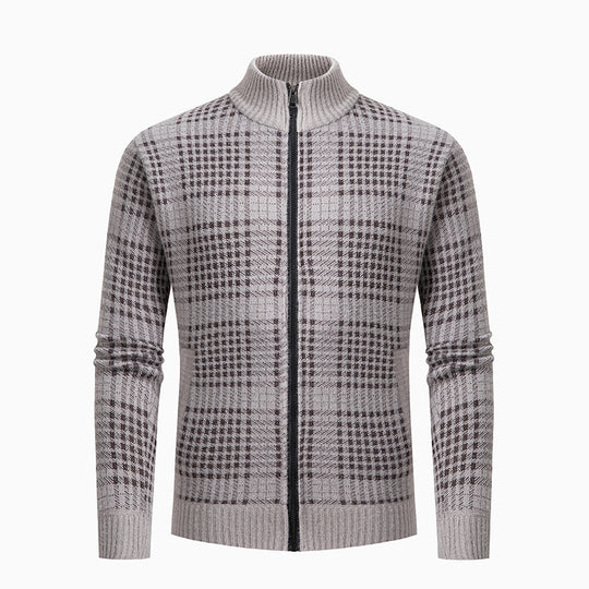 Herren modische Strickjacke mit modernem Karomuster und hohem Kragen R&B