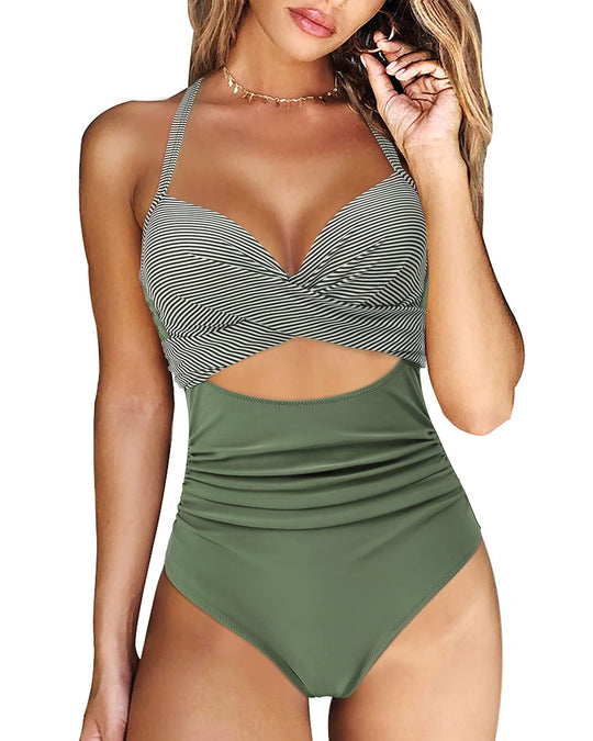 Damen Einteiler Badeanzug mit eleganter Wickel-Optik und hohem Taillenbund R&B
