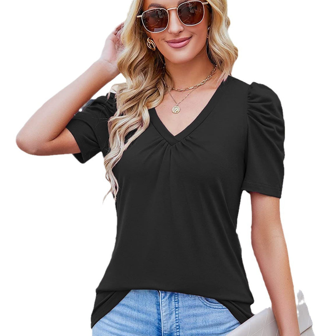 Damen V-Ausschnitt T-Shirt mit Puffärmeln R&B