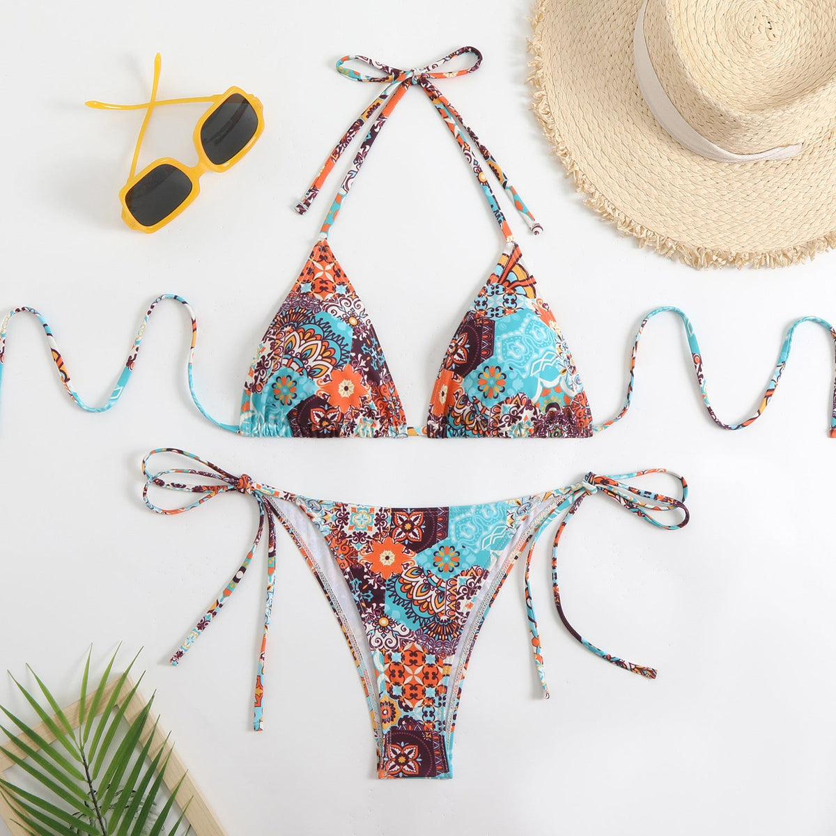 Damen Triangel-Bikini-Set mit verspieltem Blumenmuster und feinen BindR&Bändern R&B